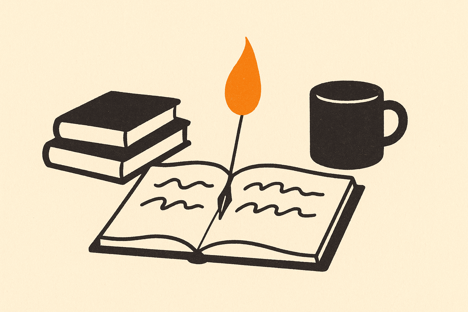 A study desk where the small amber Jugnu writes in the notebook beside books and a cup