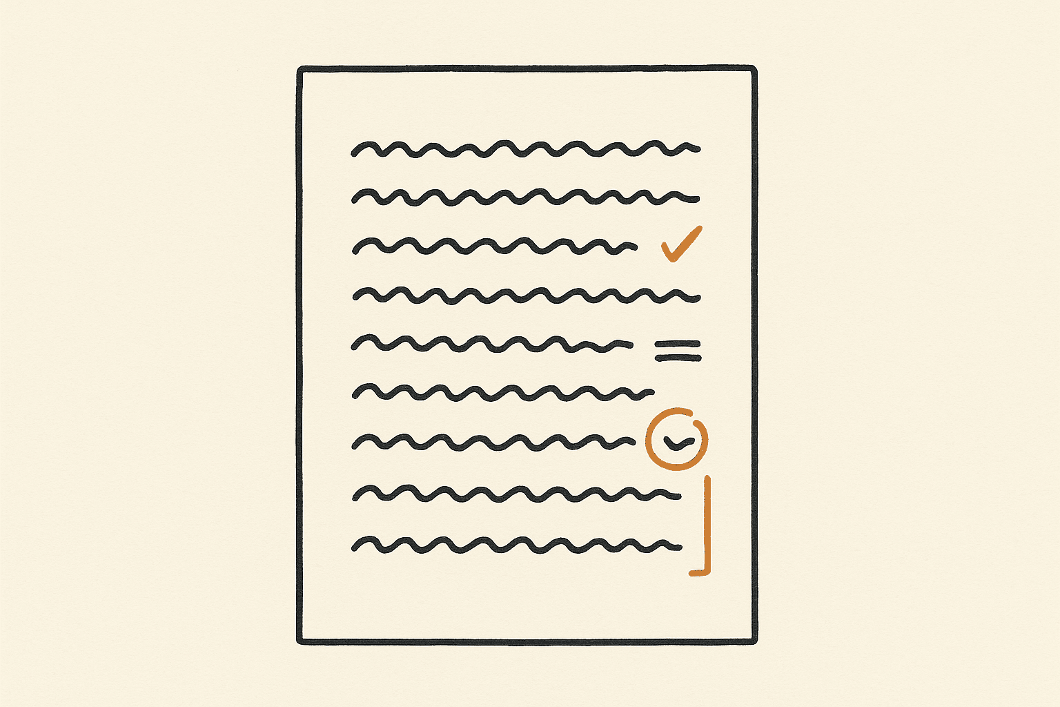 A handwritten answer sheet with an examiner's amber tick, underline and margin marks