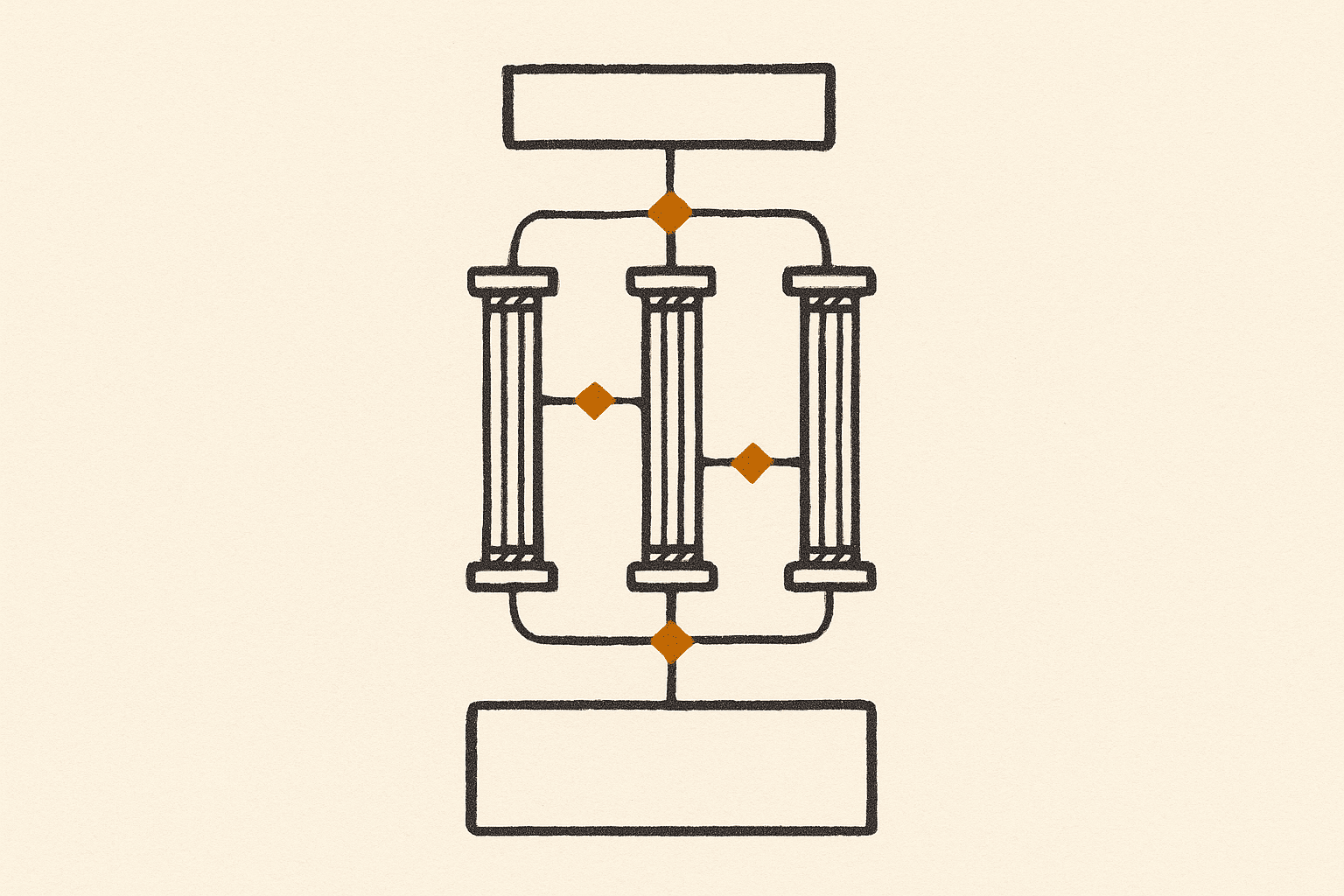 The architecture of a strong answer drawn as an ink blueprint: introduction, three body columns, conclusion