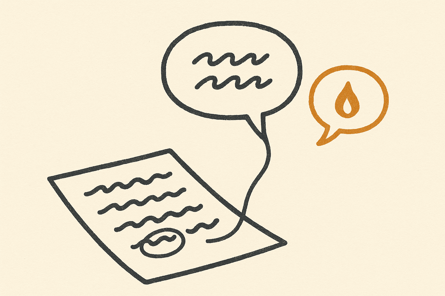 An answer page in conversation: an ink speech bubble from the copy, an amber reply with a small flame