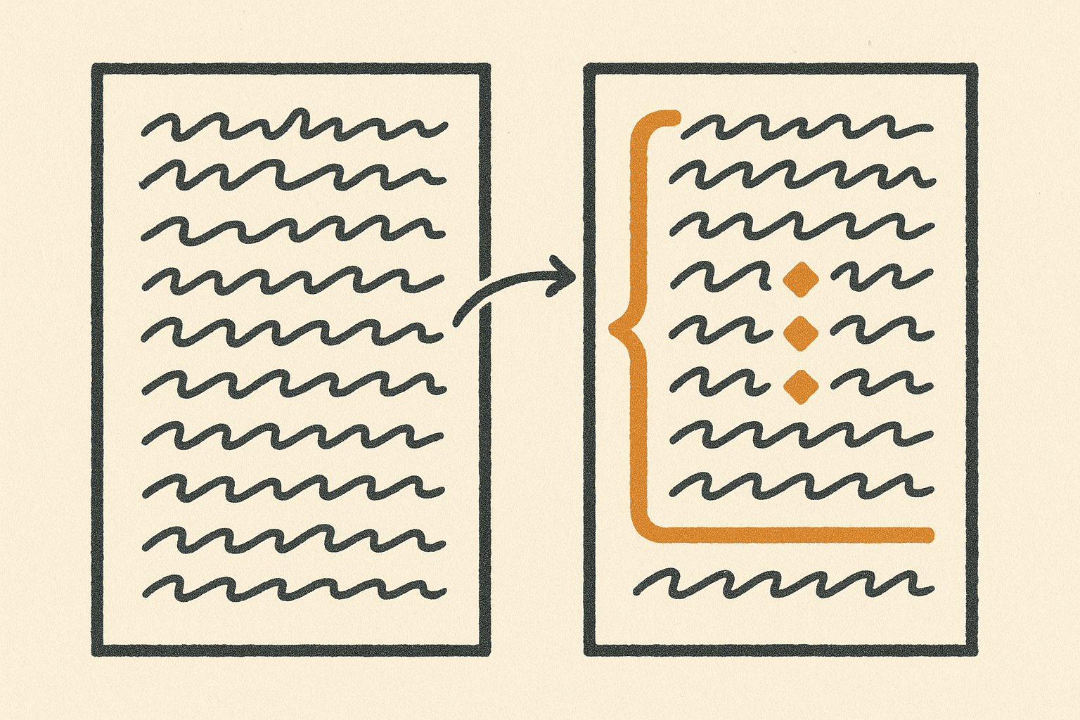 Two answer pages side by side; the second carries an amber structural overlay showing a topper's construction